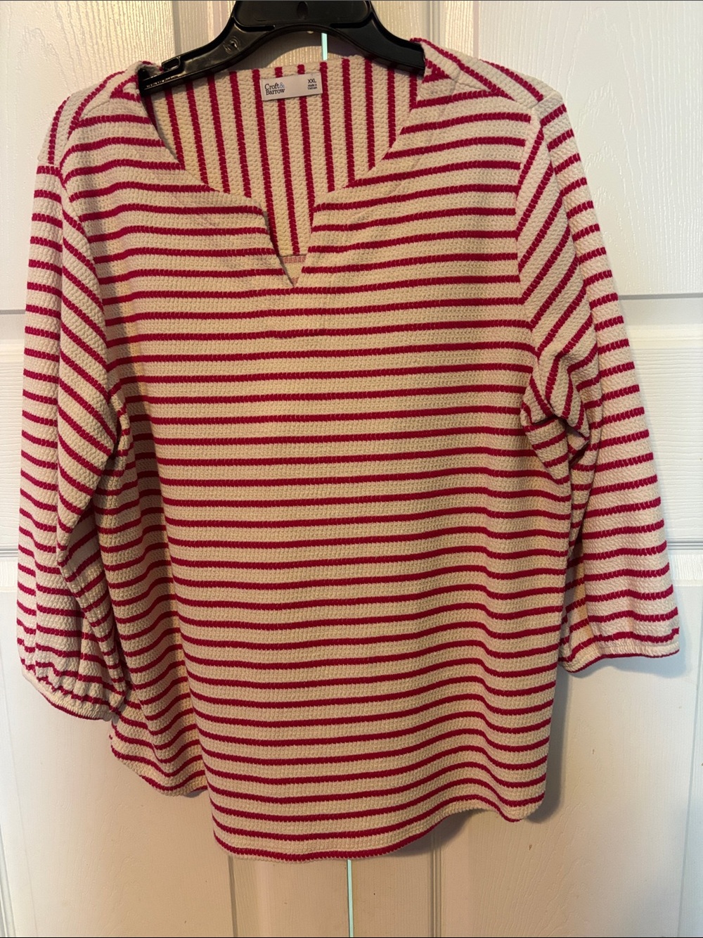 croft & barrow Cream and Pink Striped Notch-Neck Sweater